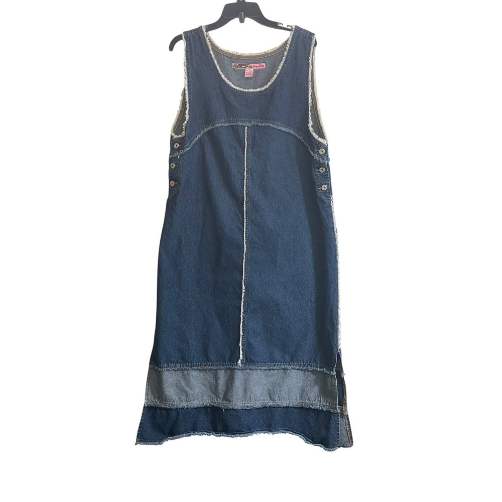 Vintage Retro Y2K Me and You Large Denim Jumper Blue Jean Dress Frayed